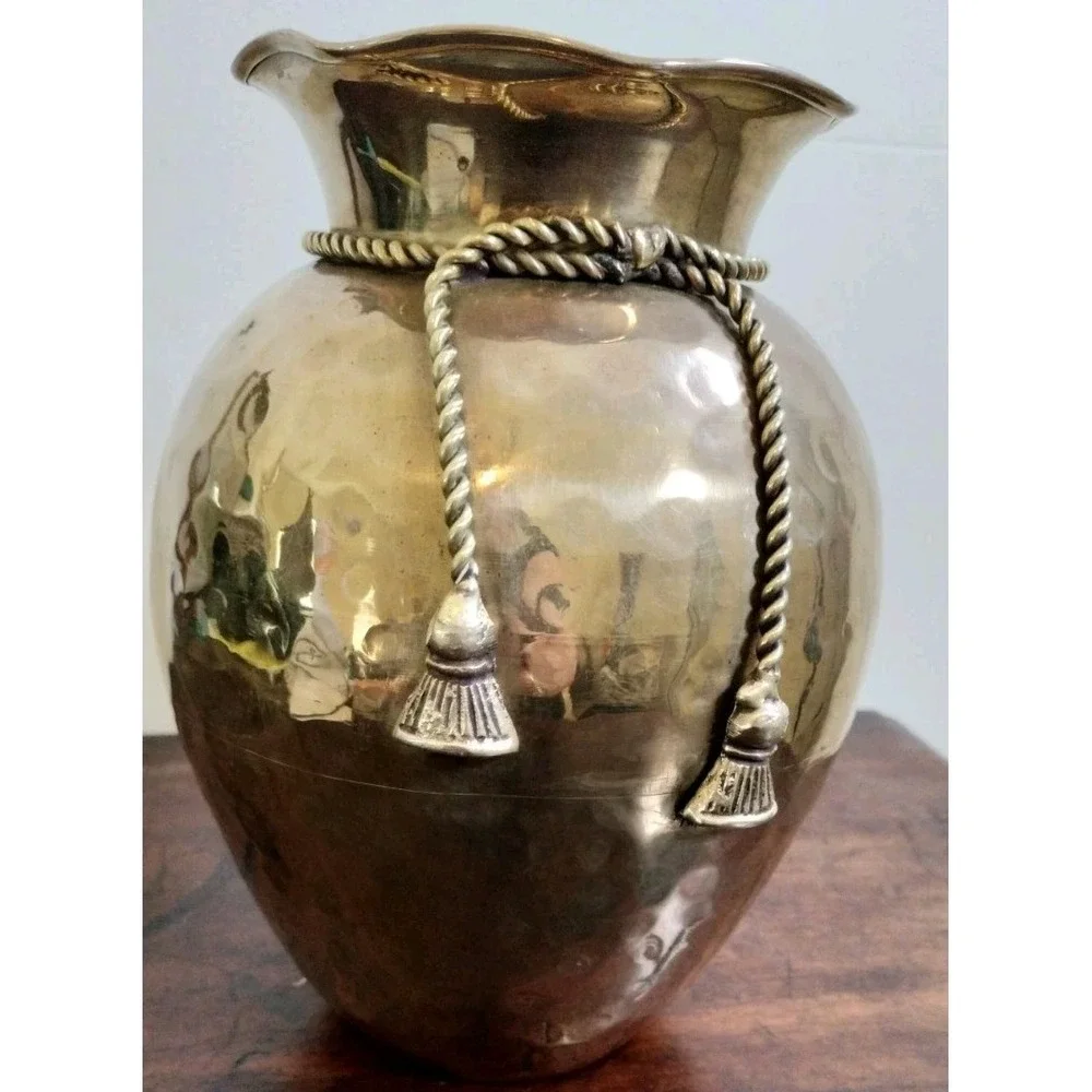 Vintage Hammered Brass Vase with Rope & Tassel Detail  Bohemian  MCM Decor